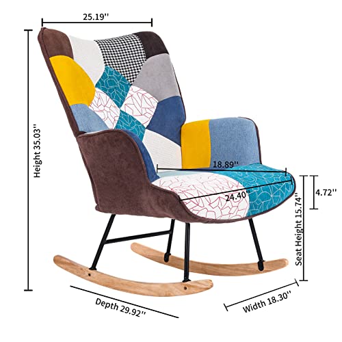 Laverntard Modern Rocking Accent Chair, Tufted Upholstered Rocking Chair For Nursery, Comfy Wingback Glider Rocker With Wood Legs And Patchwork Cotton Linen For Living Room Bedroom Balcony #TOP6