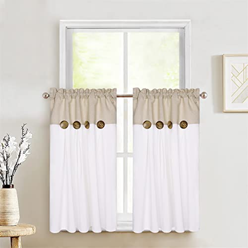 Kitchen Boho Curtains, Farmhouse Short Curtain Panels For Small Window, Cafe Drapes For Bathroom Bedroom Living Room, Rustic Country Button Cotton Blend Tier Treatment Rod Pocket, 2 Panels, 26"Wx36"L #TOP1