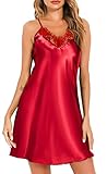Vlazom Damen Nachthemd Satin Sexy Negligee Unterkleid mit Spaghettiträger V Ausschnitt Nachtkleid für Frauen(L,Stil A-Rot)