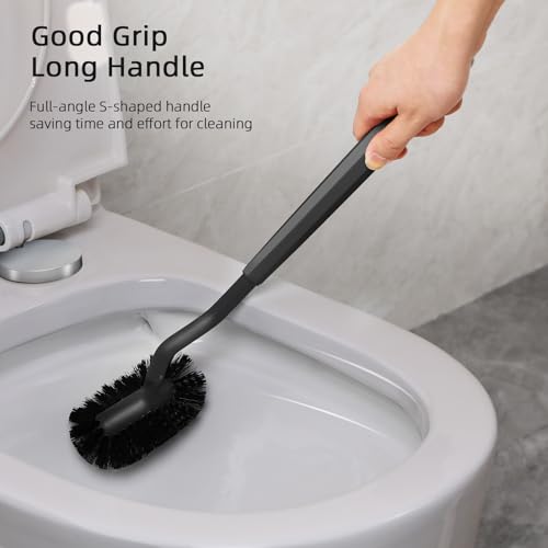 Image of HAMITOR Toilet Bowl Brush Holder Set: Bathroom Deep Cleaning Toilet Cleaner Scrubber Under Rim with Curved Bristle for Dead Corner Clean - Hidden Rv Toilet Decorative Accessories with Caddy- Black