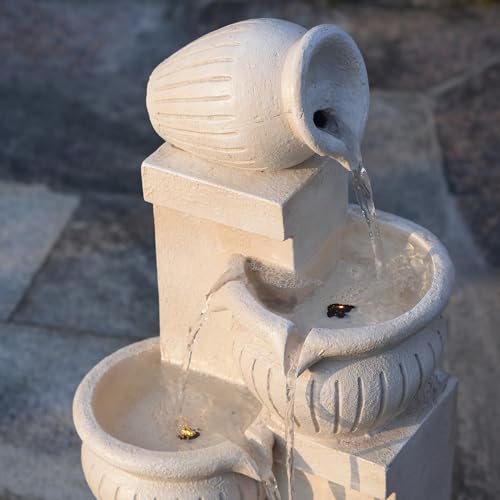 Teamson Home Garten Outdoor Brunnen Solar 4-stufiger Kaskaden-Schalenbrunnen mit LED-Lichtern, natürliche Steinoptik, umweltfreundliches Design