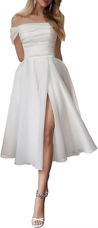 Off Shoulder Short Wedding Dresses for Bride Organza Tea Length Formal Evening Bridal Dress with High Slit