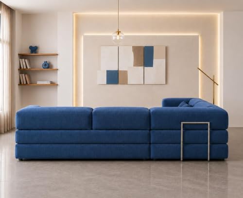 Image of Torque Vegas 5 Seater L Shape Sofa Cum Bed for Sleeping - Blue | Suede Fabric 5 Seater Sectional 2 in 1 Sofa Bed | Corner L Shaped Sofa Set for Living Room Office