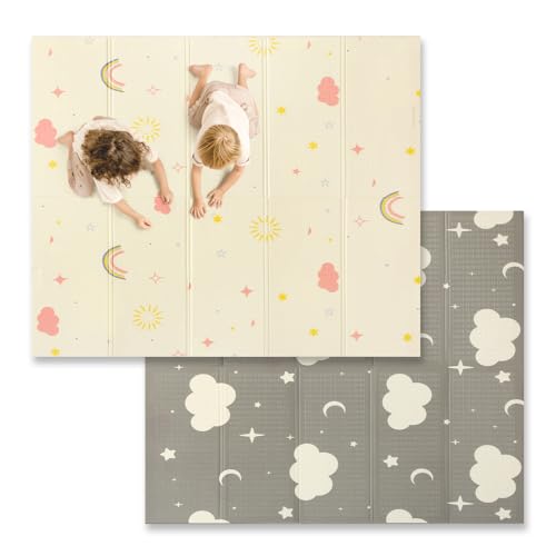 Image of Extra Large Foldable Play Mat, Reversible Baby Play Mat, Non-Toxic & Waterproof Baby Mat for Floor, Foam Play Mat with Travel Bag for Infants Toddlers Tummy Time, Rainbow, Cloud & Moon, 71x59 inches