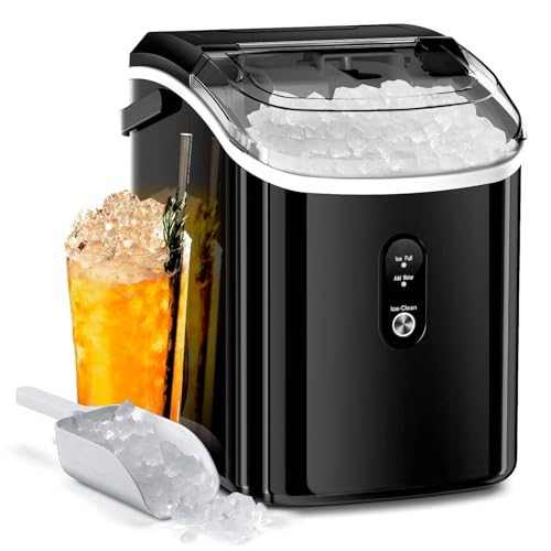 AGLUCKY Nugget Ice Makers Countertop with Handle, Portable Pebble Ice Machine with Soft Chewable Ice,Self-Cleaning,One-Click Operation for Home/Kitchen (Dark Black)