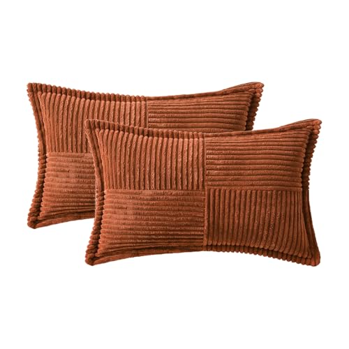 Image of MIULEE Fall Dark Rust Decorative Lumbar Throw Pillow Covers for Couch Bed Livingroom 12x20 Inch Set of 2 Boho Accent Throw Pllows Broadside Striped Patchwork Soft Corduroy Pillowcases, Terracotta