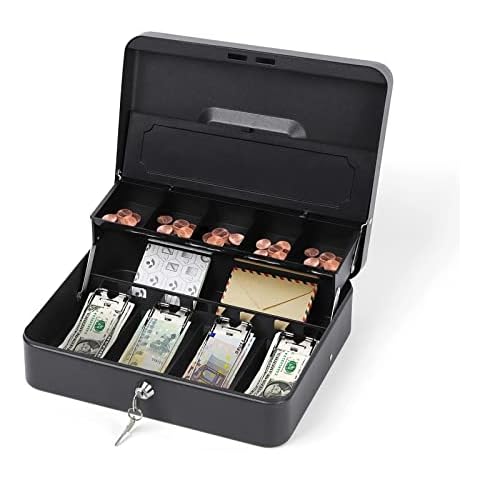 UOMIO Metal Money Box Lockable Black Cash Box with Keys Portable Money Storage with 5 Removable Coin Slots and 4 Note Trays Safe Security Money Register Box Black Cover