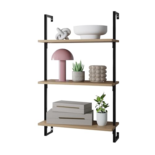 happimess Madera 3-Shelf Wall Mounted Bookcase 40.55", Light Oak/Black