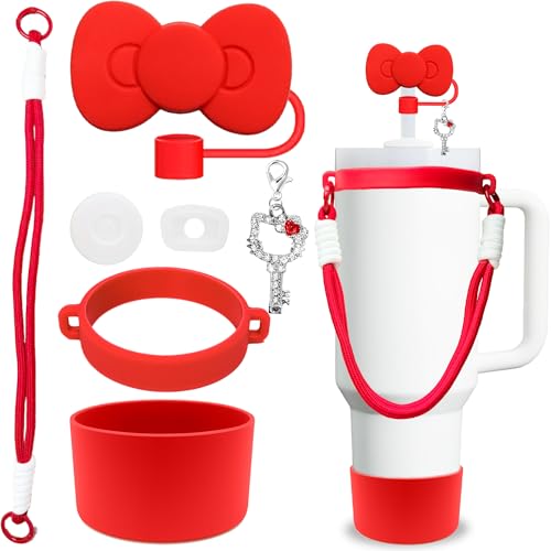7 Pieces Red Cup Accessories Set for Stanley Cup 30oz 40oz tumbler with handle Including Water Bottle Handle Strap Stanley Cup Boot Siliocne Bow Straw Cover Shiny Cat Charms