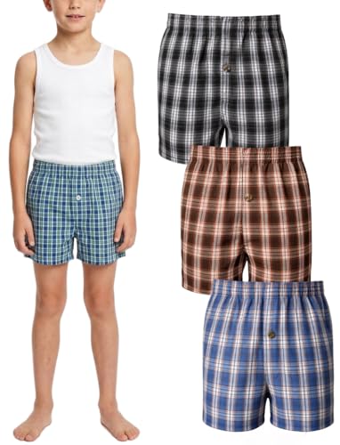 Pure Look Boys 3 Pack Plaid Cotton Blend Woven Comfort Kids Youth Boxer Shorts Assorted Medium
