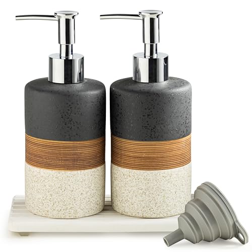 Image of Ceramic Dish Soap Dispensers Set of 2 for Kitchen and Bathroom | Hand Soap and Lotion Dispenser Set, Shampoo and Conditioner Bottles | with Stainless Steel Pump, Silicone Funnel, Tray, Black