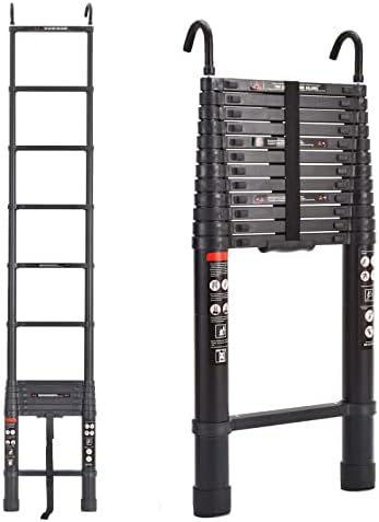 16.4ft Step Ladder Aluminum Telescoping Ladder with Detachable Roof Hooks, Black, 330lbs Load Capacity, Heavy Duty Portable Collapsible Folding Ladder 13 Steps Adjustable Height, Space Saving