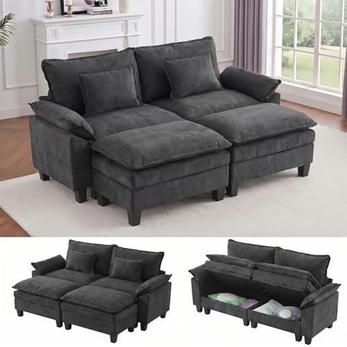 Image of IPKIG 82.3 inch Modular Cloud Couch with Storage, U Shaped Sectional Sofa with Ottoman & Pillow, Velvet Deep Seat Sectional Couches for Living Room, Apartment, Dark Grey