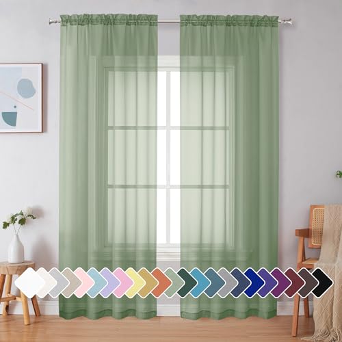 Image of Simplebrand Sage Green Sheer Curtains 90 Inches Long 2 Panels, Light Filtering Rod Pocket Solid Color Window Sheer Curtain Panels, Elegant Curtains & Drapes for Living Room, Bedroom, 42 inch W x 90 inch L