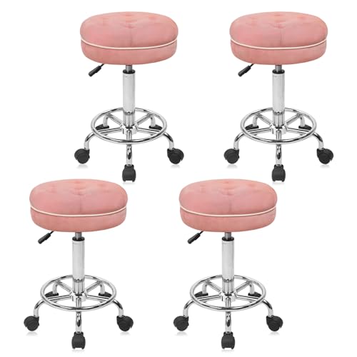Image of KLASIKA Velet Rolling Bar Stool with Wheels, Tall Drafting Stool with Adjustable Height and Footrest, Multi-Purpose Office Desk Chair for Home Kitchen Shop Work, Pink (4PK)