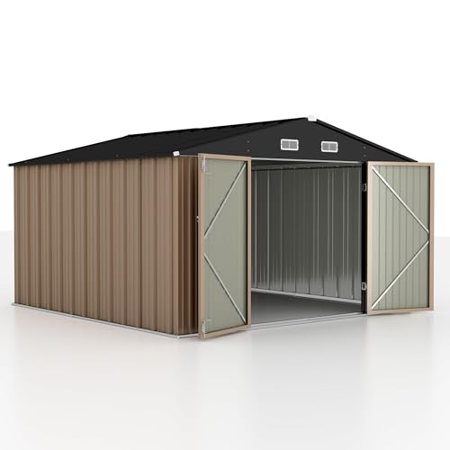 Image of GUNJI 10 x 10 FT Shed Outdoor Storage Shed Metal Garden Shed with Lockable Door Outside Waterproof Tool Shed for Backyard, Patio, Lawn (Brown)