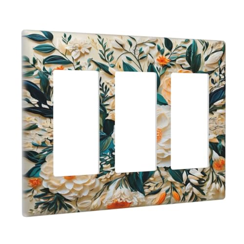 Decorative Outlet Covers Rustic Big Flowers Abstract Floral 3 Gang Wall Plate Triple Rocker Light Switch Cover Plate Jumbo Electrical GFCI Faceplate for Country Bedroom Home Decor