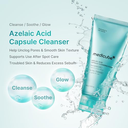 Image of medicube Facial Cleanser Azelaic Acid Capsule Foam Cleanser | Soothing Daily Cleansing Foam For Troubled Skin & Excess Sebum Control | Uneven Skin with Niacinamide, Glycerin | Korean Skincare, 4.23 oz
