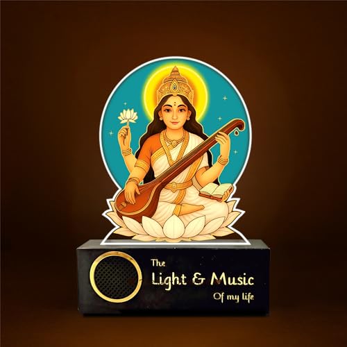 Image of ZOCI VOCI Goddess Saraswati LED Lamp with Wooden Base - Saraswati MATA Night Light for Pooja Room, God Lamps for Home Temple Decor, Study & Wisdom Lamp (Warm Light + BT Speaker)