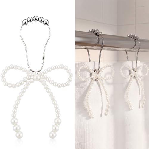 Novabright 12 Pcs Pearl Bow Shower Curtain Hooks Decorative Elegant Bowknot Shower Curtain Rings Hangers for Standard Rods Bathroom Baby Room Decoration(White)