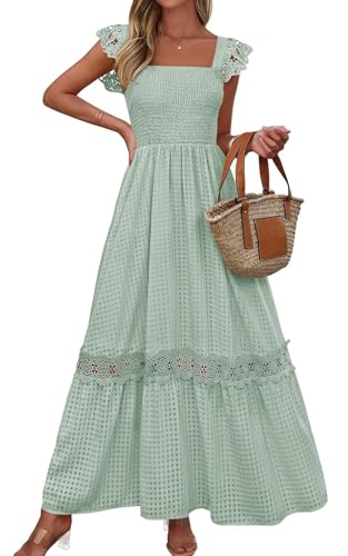 Image of PRETTYGARDEN Women's Smocked Summer Maxi Dresses 2026 Ruffle Cap Sleeve Square Neck Lace Detail Flowy Sundress with Pockets