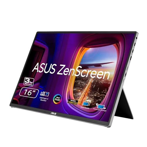 Image of ASUS ZenScreen OLED 16 inch 16:10 USB-C Portable Monitor (MQ16FC) - WUXGA (1920 x 1200), Power Pass Through, Auto Rotate, Tripod, Mini-HDMI, 95% DCI-P3, Flicker Free, Low Blue Light, 3 yr Warranty