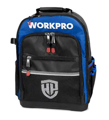Image of WORKPRO WP281070 25L Tool Backpack, Size: 38 x 21 x 46cm, 36 Pocket Heavy Duty Tool Bag, Waterproof Molded Base, 840D tear-proof Polyester, Heavy Duty Zipper, Professional Tool Storage Backpack