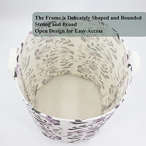 Mziart Collapsible Laundry Basket, Floral Printing Large Laundry Hamper For Baby Girls Kids Toys Clothes Organizer Foldable Storage Bin Waterproof Canvas Nursery Storage Basket With Handles (Purple) #TOP3