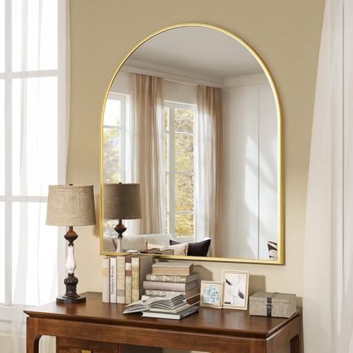 Image of VooBang Arched Wall Mirror, 26 x 28 inch Arch Bathroom Mirror, Wall Mounted Vanity Mirror with Arch Metal Frame, Modern Bathroom Vanity Mirror for Bedroom, Living Room, Hanging or Leaning, Gold