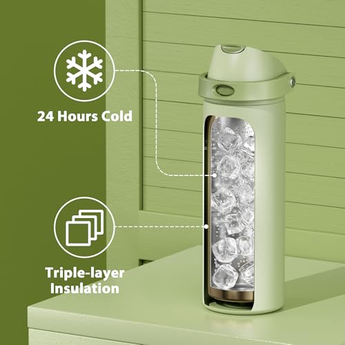 Image of 24 oz Insulated Water Bottle with Straw: Meoky Stainless Steel Metal Water Bottle with 2-in-1 Lid - Leak Proof, Cold for 24 Hours, Protective Silicone Base, BPA-Free for Sports Travel Car, Sage