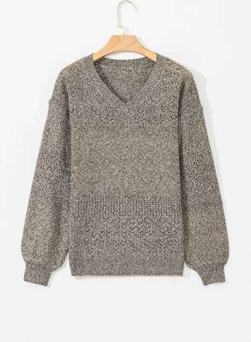 Image of SHEWIN Women's Sweaters Casual Long Sleeve V Neck Crewneck Lightweight Crochet Pullover Sweater Tops