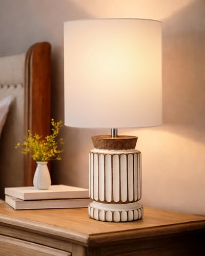 Image of Homesake Wooden Table Lamp | Handcrafted Bedside & Living Room Lamp | Bulb Included | Warm Light | Desk Nightstand Light, Decor Lamp for Bedroom, Study & Home Decor, (KD Off-White Drum)