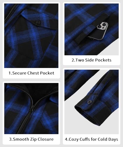 Image of V VALANCH Men's Sherpa Lined Flannel Jacket with Hood - Zip Up Plaid Shirt Jacket Winter Outdoor Warm Outerwear Fleece Coat