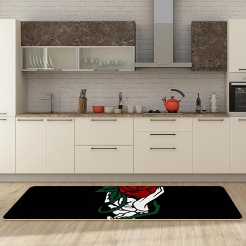 Tapis de cuisine antidérapants lavables à motif rose et squelette