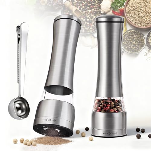 Senndio Manual Salt and Pepper Grinder Set, with Spoon Clip, Adjustable Coarseness Pepper Grinder Mills, Refillable Spice Mills for Kitchen, BBQ, Camping