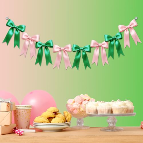 ピンク&グリーンのリボンガーランドバナーデコレーション8個セット。誕生日や独身最後のパーティー、ブライダルシャワー、結婚式、婚約、ベビーシャワー、卒業式デコレーション、記念日などにの商品画像（Amazon）