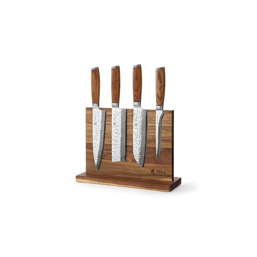 Wakoli Knife Block Sets, 4 Pieces Chef Knife Set with Block - Damascus Kitchen Knife Set with Magnetic Knife Block, Professional Kitchen Knife Block Set with Zebrawood Handles (Chef's Choice)