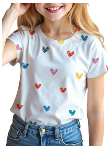 Floerns Girl's Heart Print Crew Neck T Shirt Short Sleeve Cute Casual Tee Top