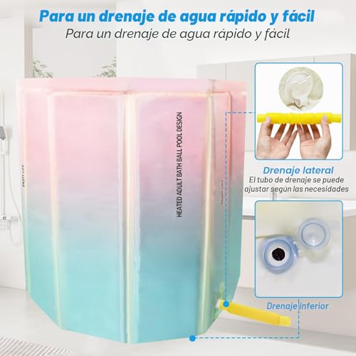 Miniatura 4 de Ytacrea Bañera Adulto Portatil Plegable, Baño Hielo Y Caliente, Independiente Para El Hogar, Bañera De Remojo Con Capa De Aislamiento Gruesa, Incluye Cojín, Tubo De Drenaje, 70 X 65cm, Rosa Verde