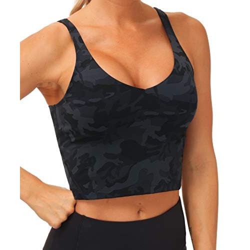 THE GYM PEOPLE Womens' Sports Bra Longline Wirefree Padded with Medium Support Blackgrey Camo X-Small