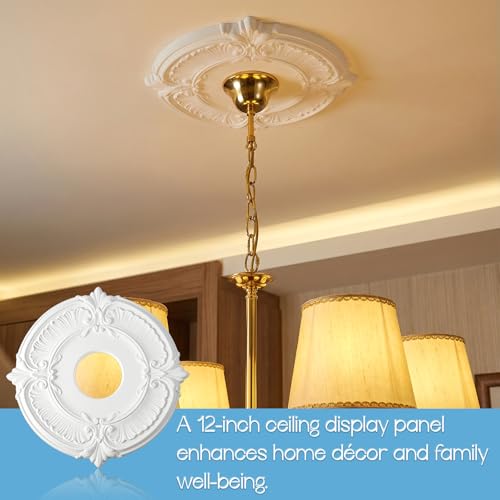 2 Pieces PU Ceiling Medallion Decorative White Home Lighting Ceiling Medallions Ceilings Fan Medallion Round for Light Fixtures and Ceilings Fans, 12" od x 3.5" ID(White) by Xosjska - Image 6