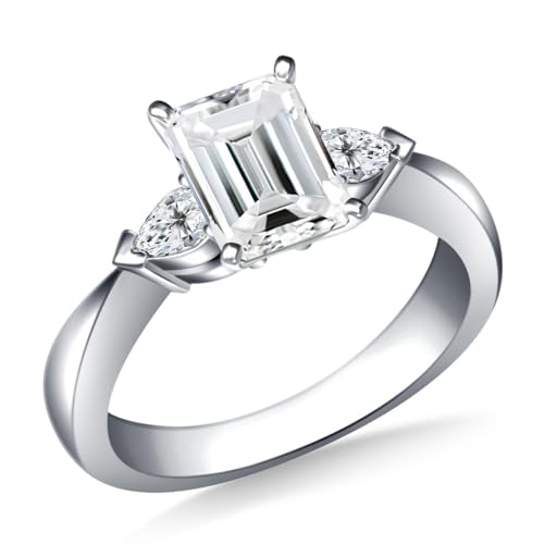 エレガントな2カラットモアッサナイトエメラルドカットリング、ラウンドサイドCZストーン、シルバーメッキセッティング|VVSIクラリティ|レディースジュエリーギフト|サイズ5~13, S, ジェムストーン, モアサナイト