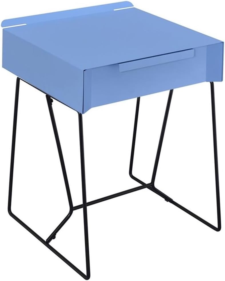 BOWERY HILL Contemporary Metal End Table, 1-Drawer, Blue Finish, Particle Board with Steel Legs, 17.75" W x 16" D x 22.88" H, Raised Back Guard, Stylish Living Room Accent