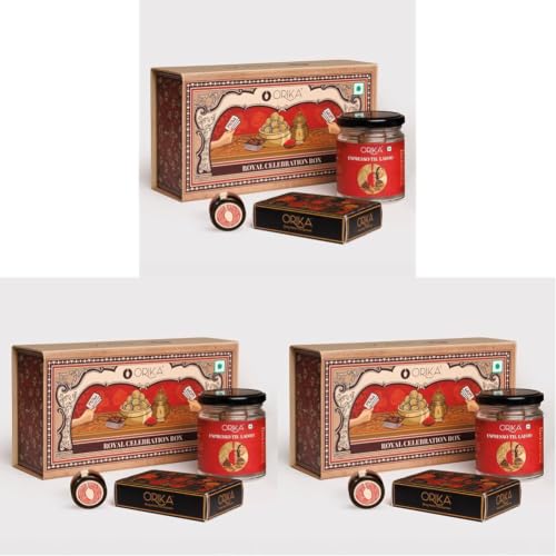 Image of Royal Celebration Gift Box | Luxury Indian Gift Hamper with Kashmiri Pampore Saffron 0.25g, Espresso Till Laddoo 70g & Premium Playing Card Deck | Festive, Diwali & Wedding Gift (Pack of 3)