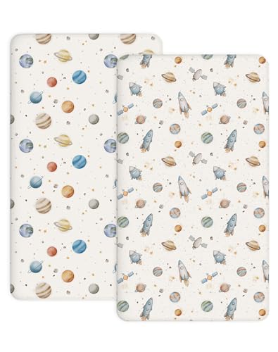 Image of Crib Sheets for Boys and Girls, 2 Pack Fitted Baby Sheets for Standard Toddler Mattress 28 inch x 52 inch, Soft Breathable Jersey Knit Baby Bedding (Stellar Adventure)