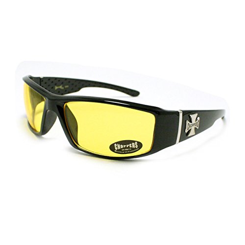 Mens Choppers Sunglasses Biker Motorcycle Logos Cross All Black Yellow Lens