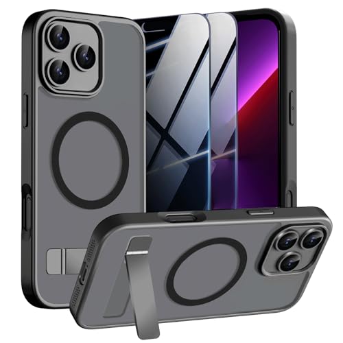Magnetic Case for iPhone 13 Pro Max Phone Case with Privacy Screen Protector 2X Compatible with MagSafe Invisible Kickstand [20FT Protection] Translucent Matte Shockproof Cover for 13 ProMax Black