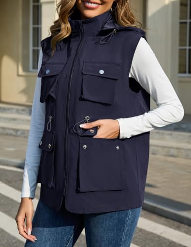 PESION Womens Packable Military Utility Vests Outerwear Waterproof Windbreaker Jacket Cargo Vest with Removable Hood4