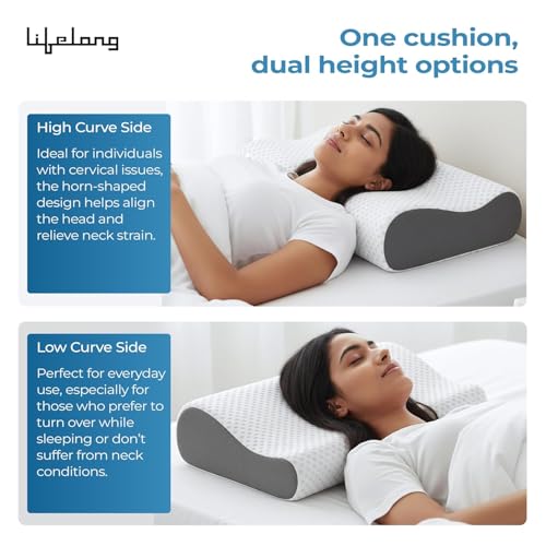Image of Lifelong Memory Foam Cervical Pillow for Neck Support | Pack of 2 - Bed Pillow | Orthopedic Contour Foam Pillow for Neck Pain with Breathable Cover | Fits Side & Back Sleepers | Pain Relief for Adults