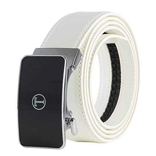 Belts for Men, Tonywell Ratchet Dress Belt with Automatic Buckle, Trim to Custom Fit White belt silver buckle up to 45